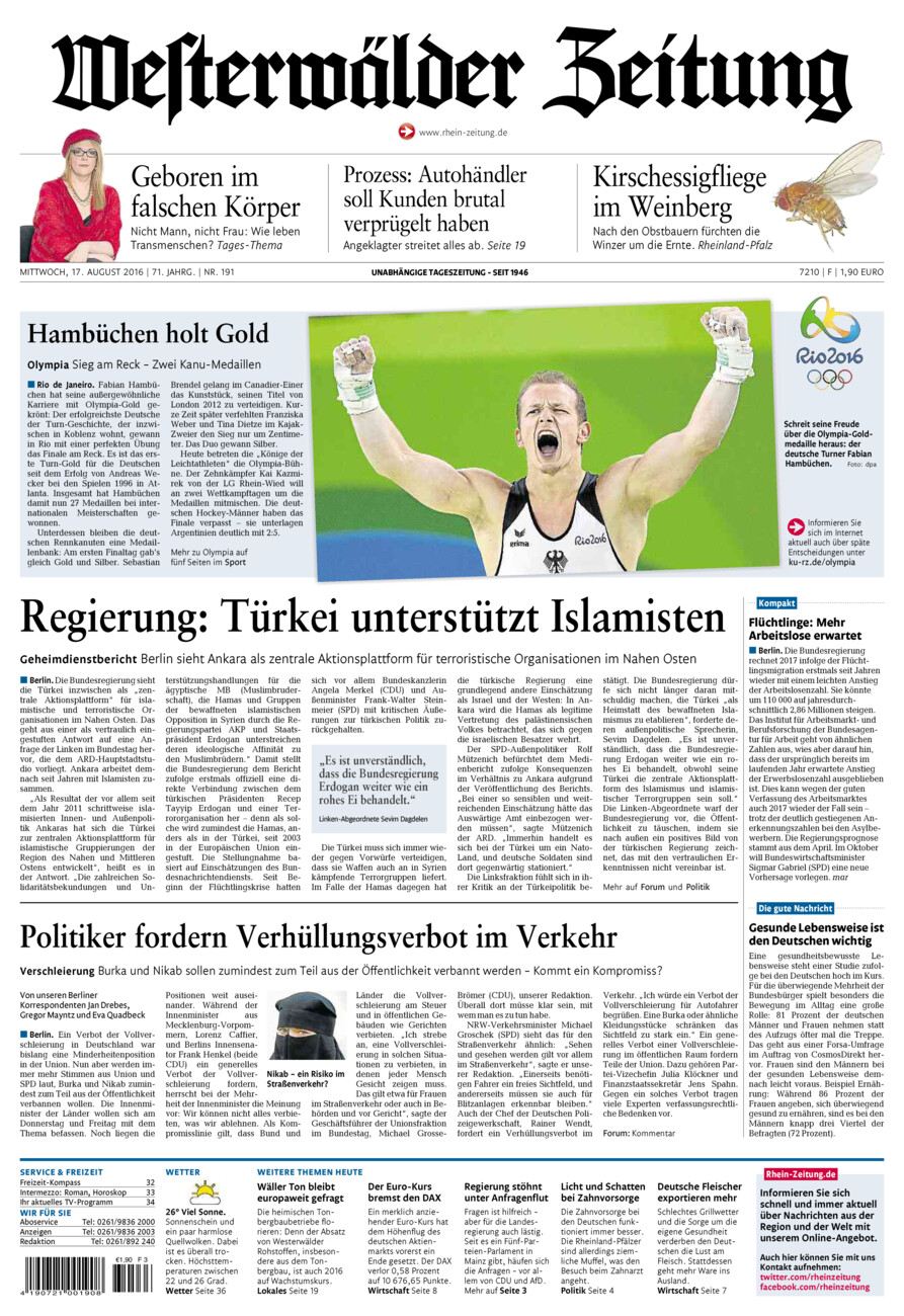 Westerwälder Zeitung vom Mittwoch, 17.08.2016