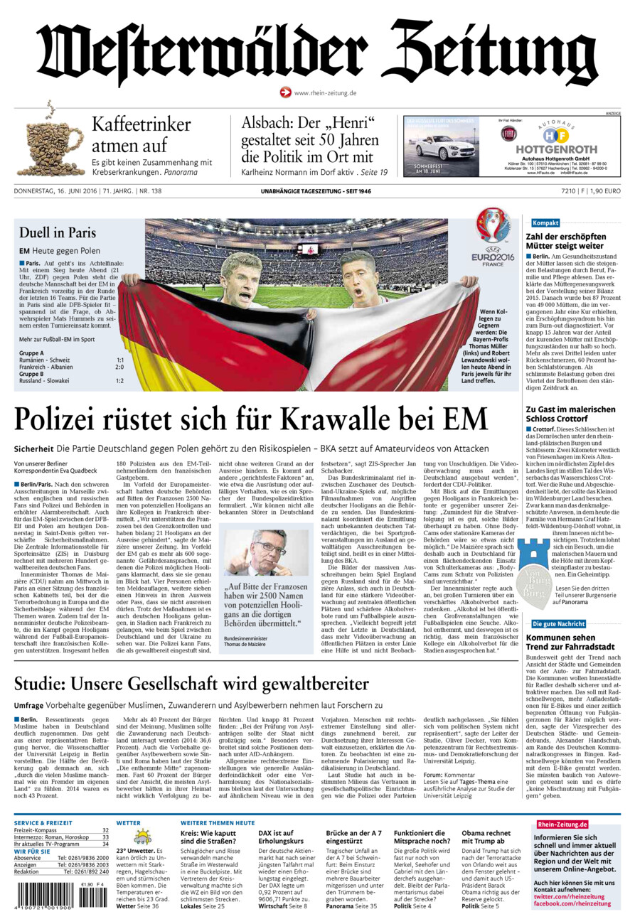 Westerwälder Zeitung vom Donnerstag, 16.06.2016