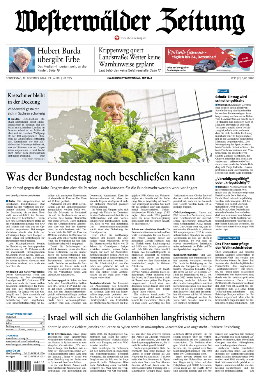 Westerwälder Zeitung vom Donnerstag, 19.12.2024