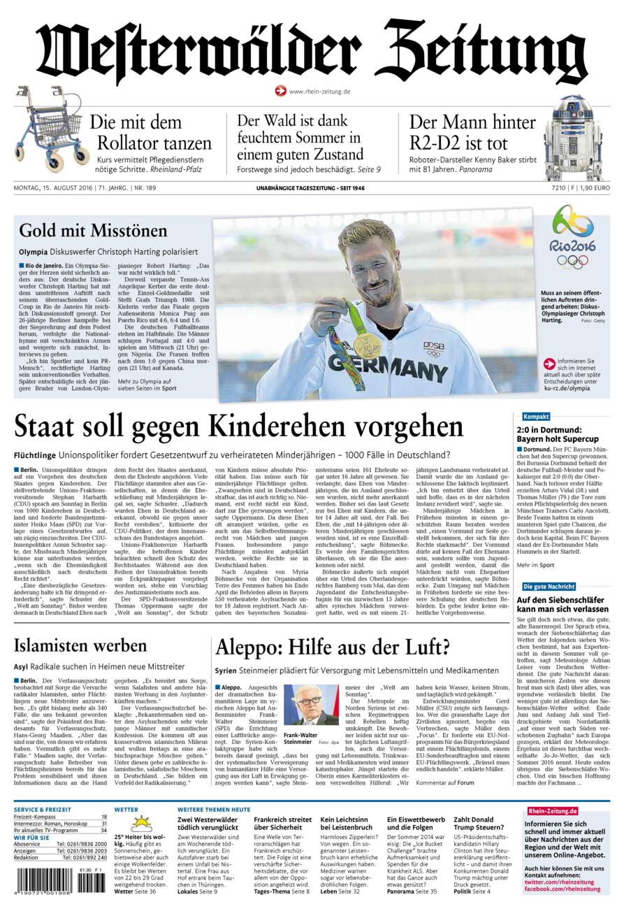 Westerwälder Zeitung vom Montag, 15.08.2016