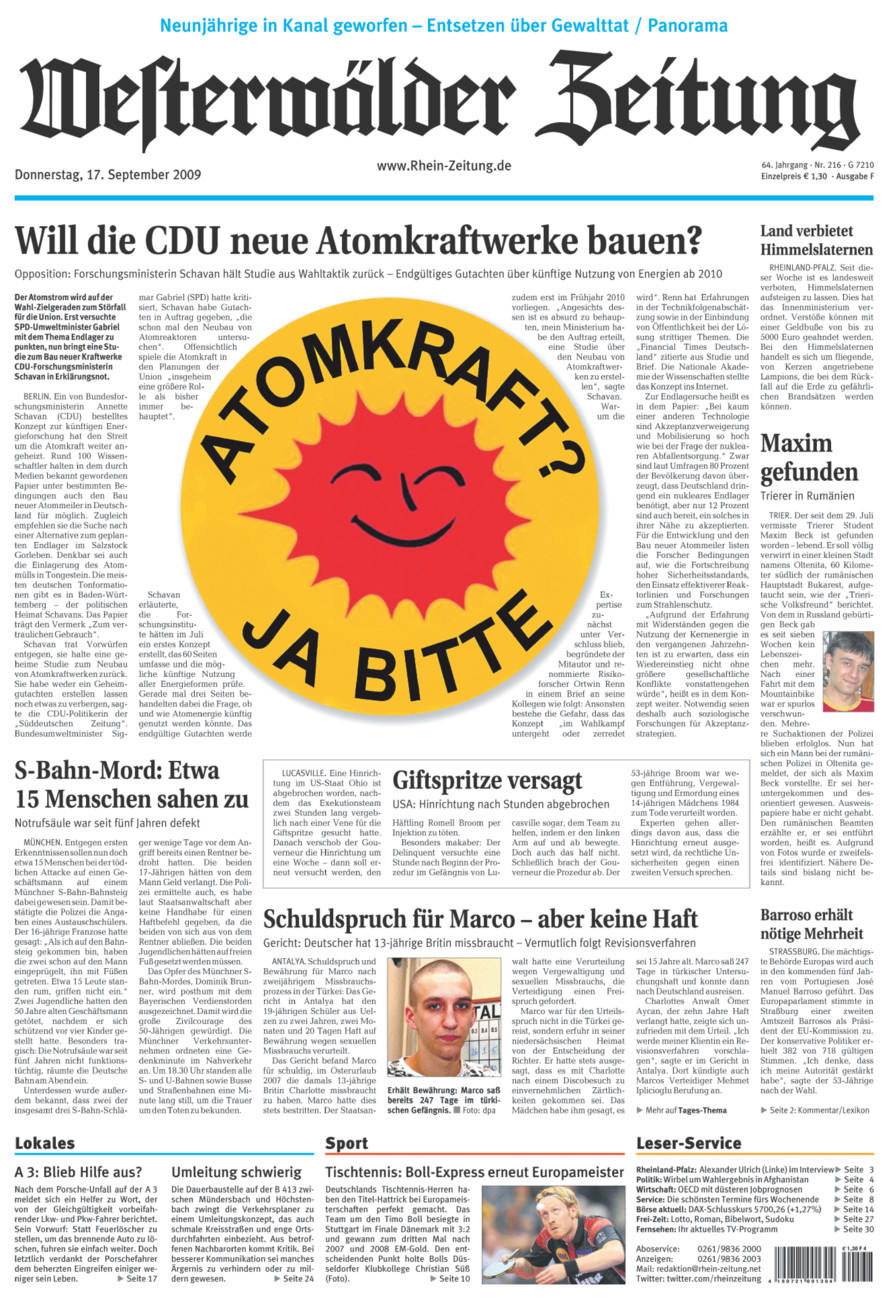 Westerwälder Zeitung vom Donnerstag, 17.09.2009