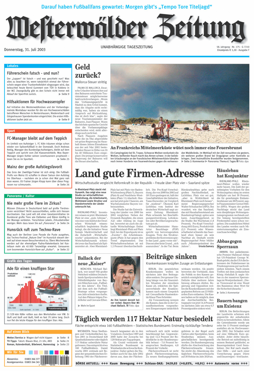 Westerwälder Zeitung vom Donnerstag, 31.07.2003
