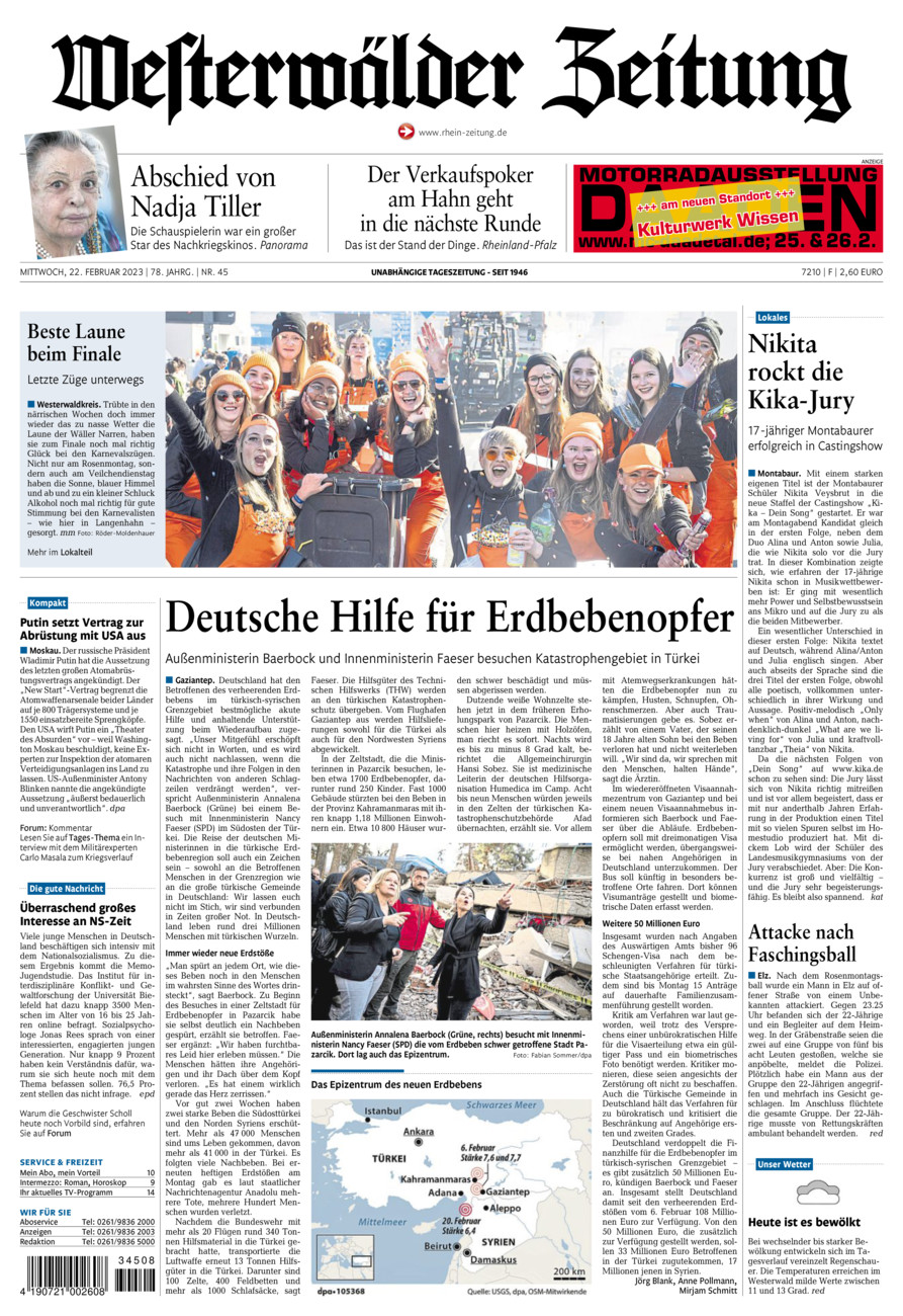 Westerwälder Zeitung vom Mittwoch, 22.02.2023
