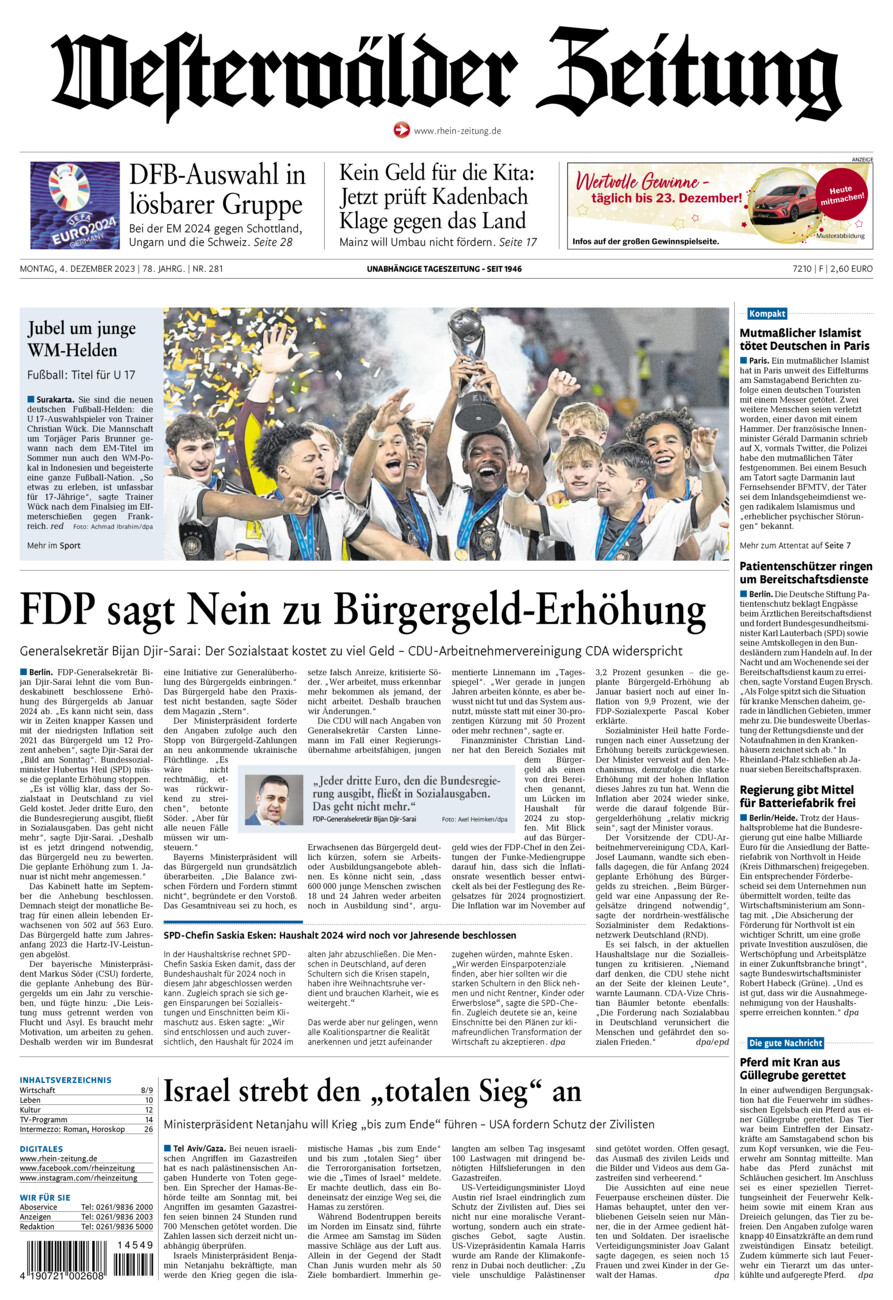 Westerwälder Zeitung vom Montag, 04.12.2023