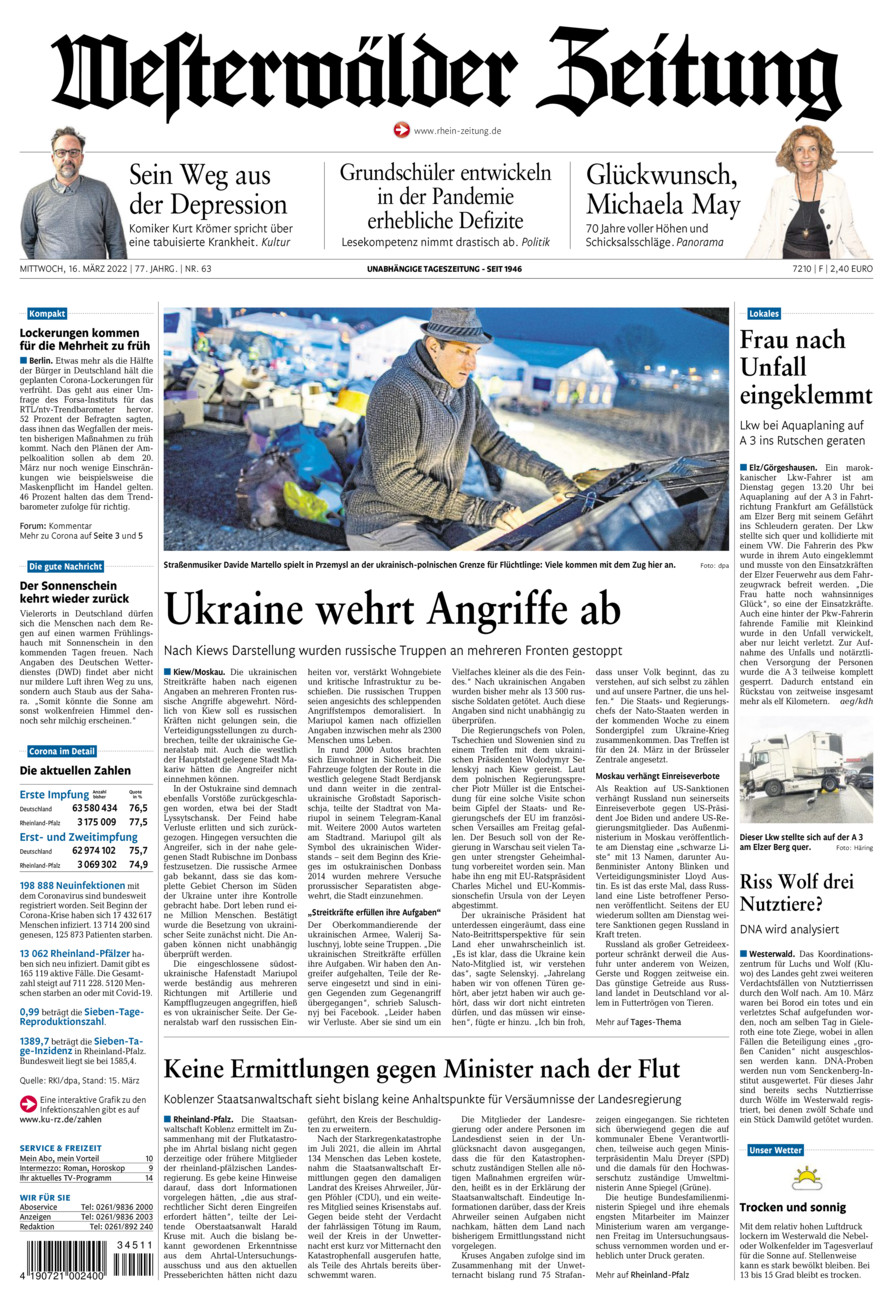 Westerwälder Zeitung vom Mittwoch, 16.03.2022