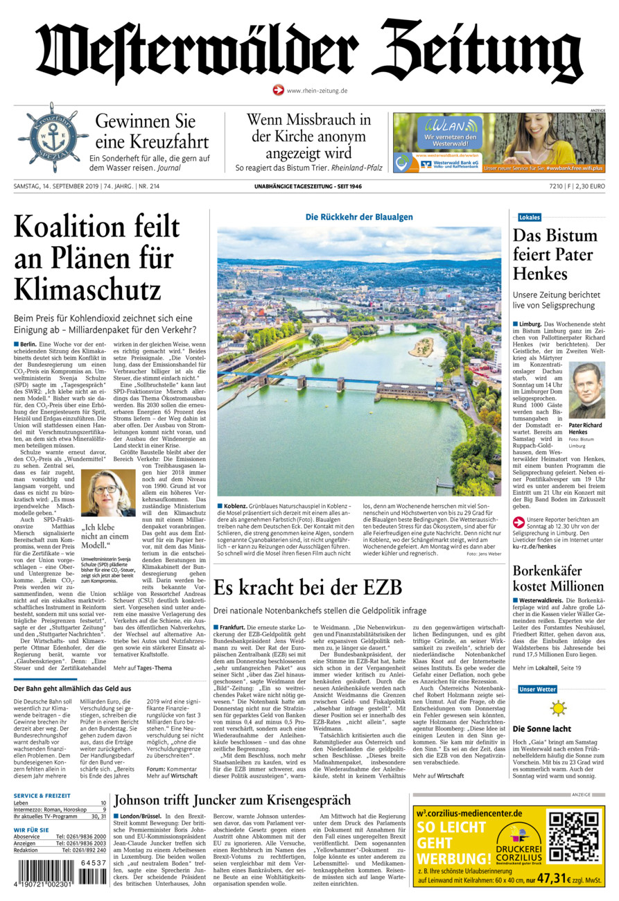 Westerwälder Zeitung vom Samstag, 14.09.2019