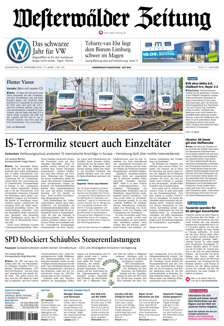 Westerwälder Zeitung vom Donnerstag, 15.09.2016