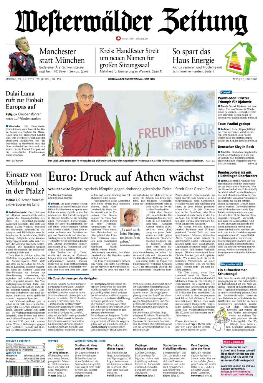 Westerwälder Zeitung vom Montag, 13.07.2015
