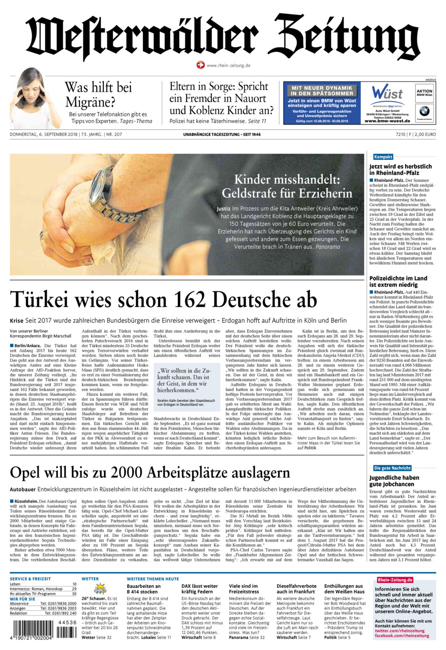 Westerwälder Zeitung vom Donnerstag, 06.09.2018