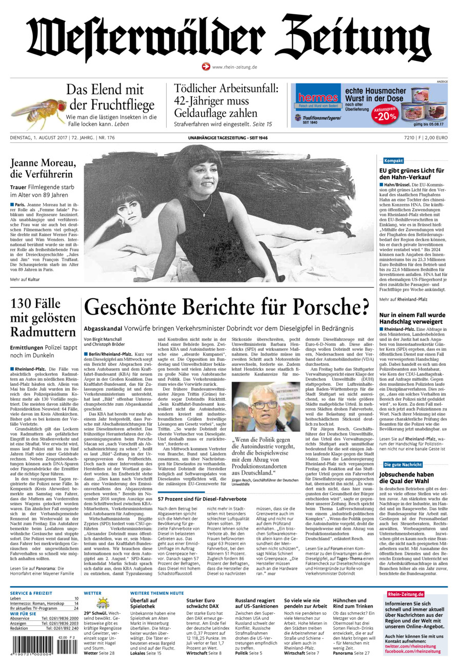 Westerwälder Zeitung vom Dienstag, 01.08.2017