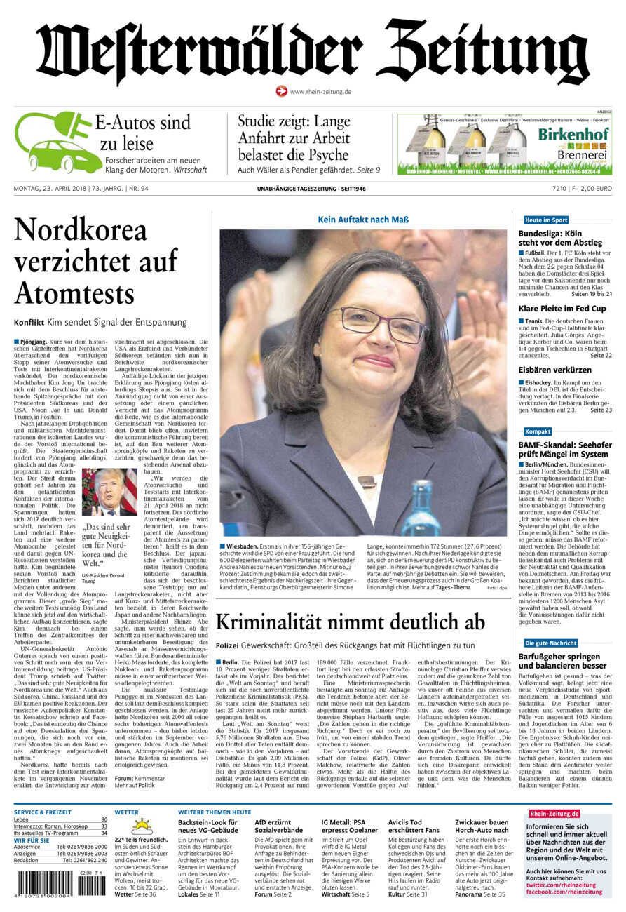 Westerwälder Zeitung vom Montag, 23.04.2018