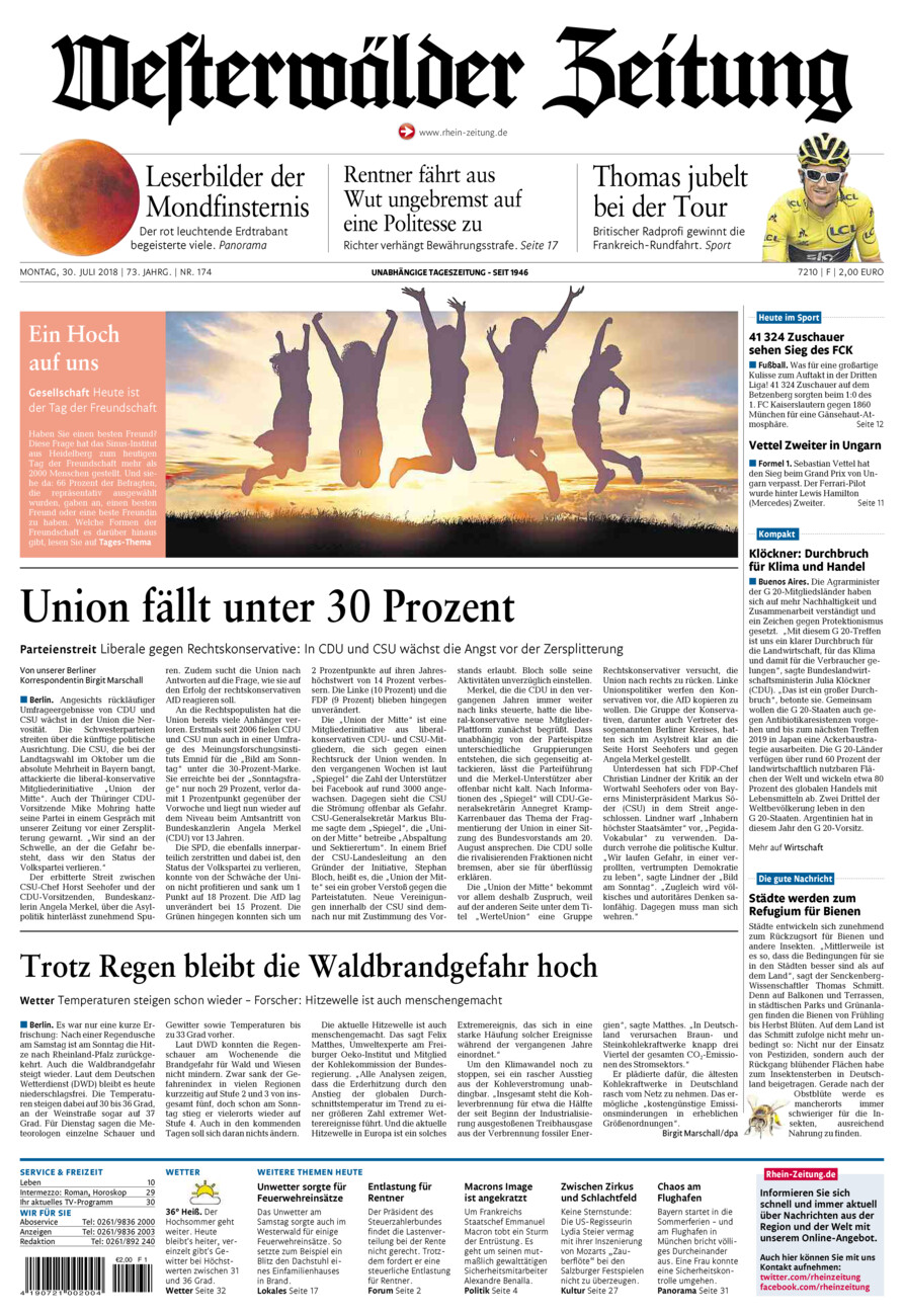 Westerwälder Zeitung vom Montag, 30.07.2018
