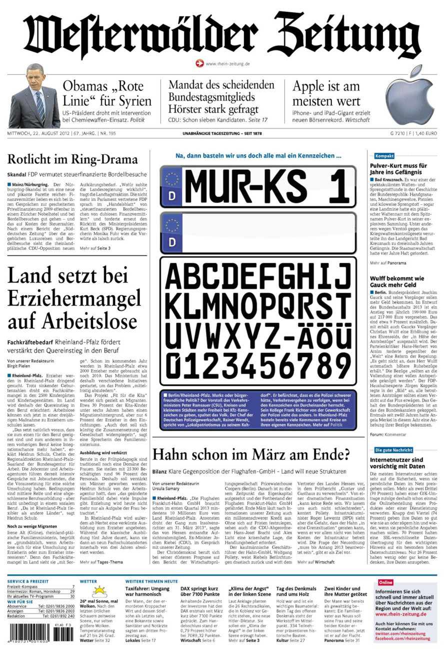 Westerwälder Zeitung vom Mittwoch, 22.08.2012