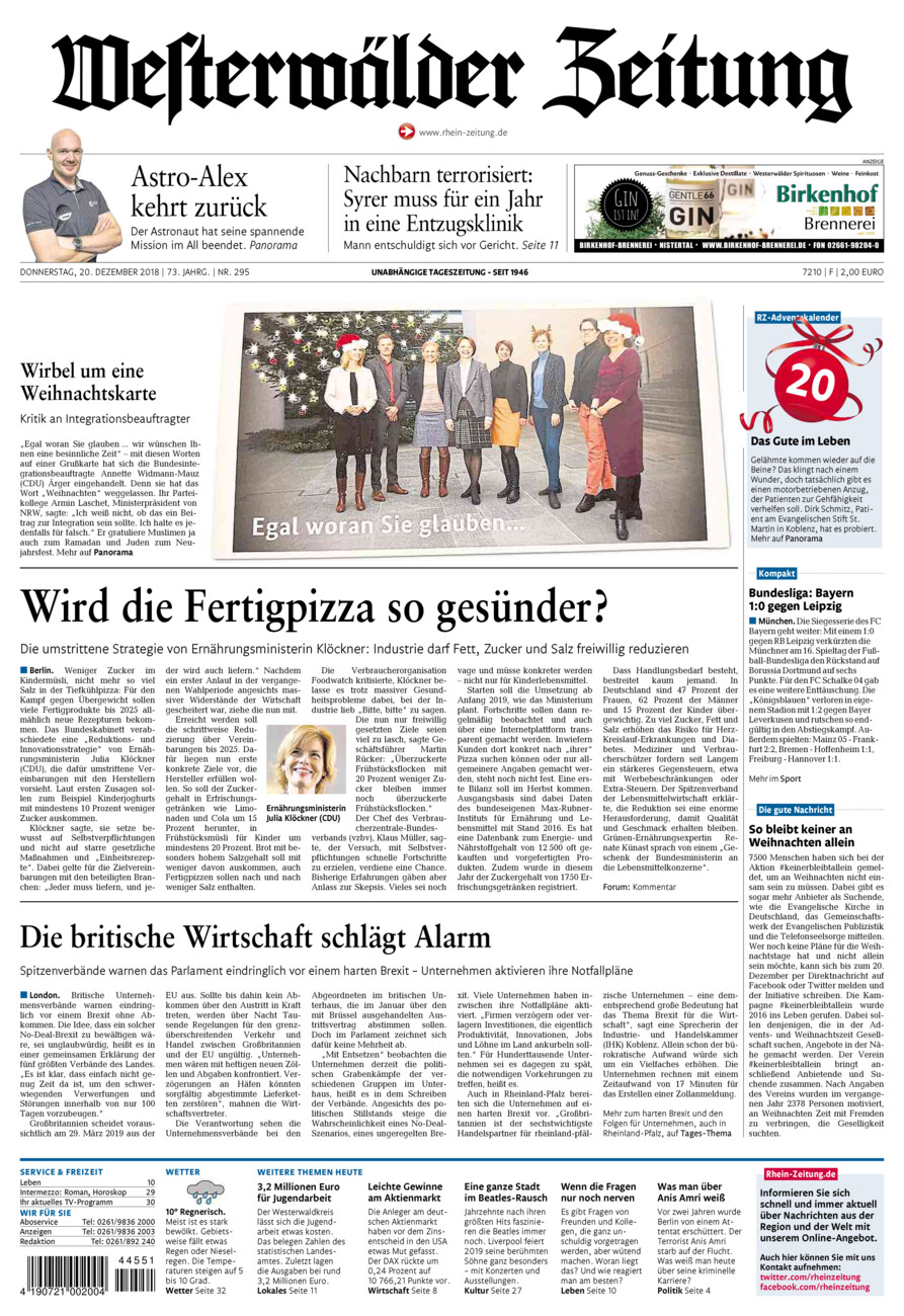 Westerwälder Zeitung vom Donnerstag, 20.12.2018
