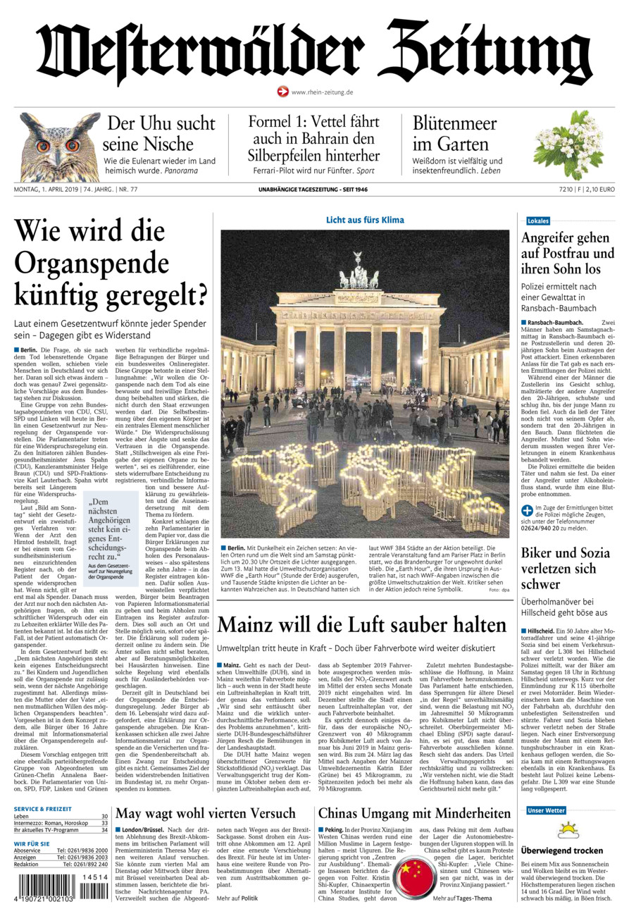 Westerwälder Zeitung vom Montag, 01.04.2019