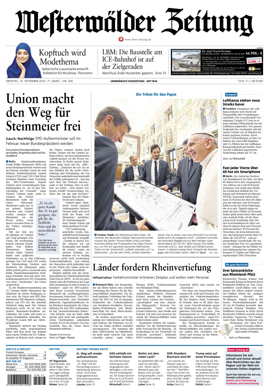 Westerwälder Zeitung vom Dienstag, 15.11.2016