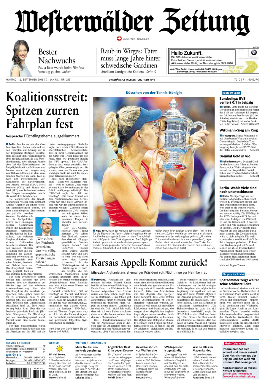 Westerwälder Zeitung vom Montag, 12.09.2016
