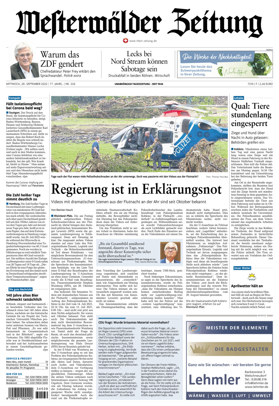 Westerwälder Zeitung vom Mittwoch, 28.09.2022