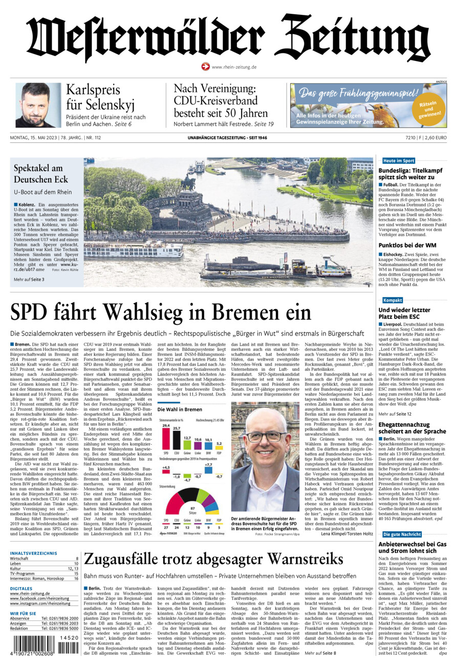 Westerwälder Zeitung vom Montag, 15.05.2023