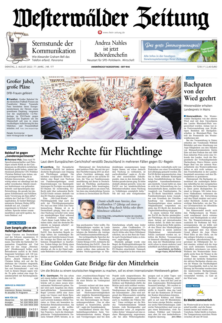 Westerwälder Zeitung vom Dienstag, 02.08.2022