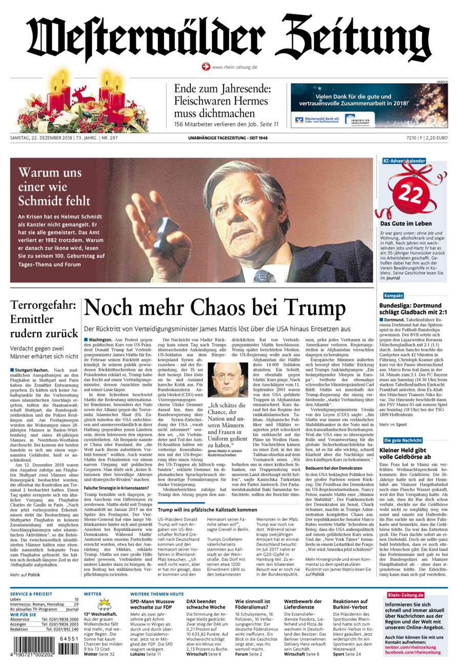 Westerwälder Zeitung vom Samstag, 22.12.2018