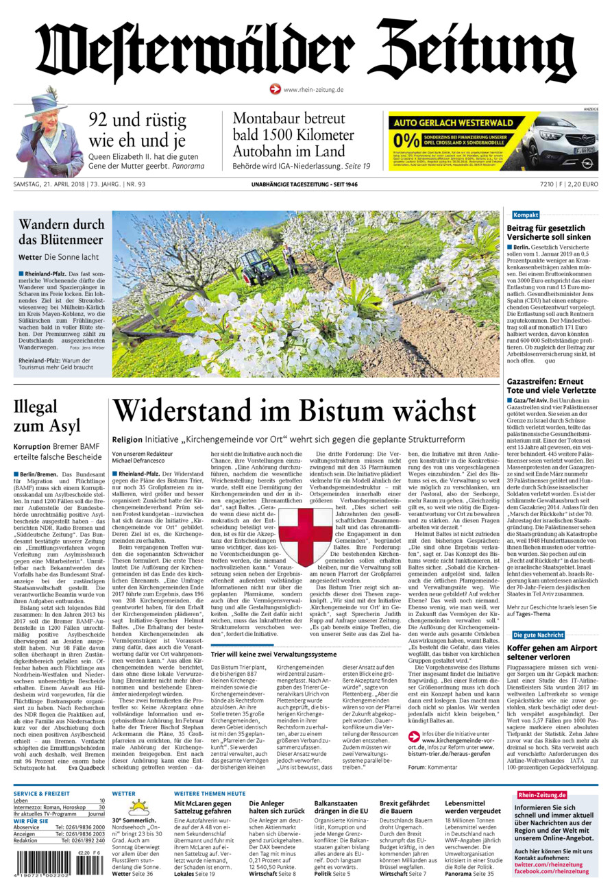 Westerwälder Zeitung vom Samstag, 21.04.2018