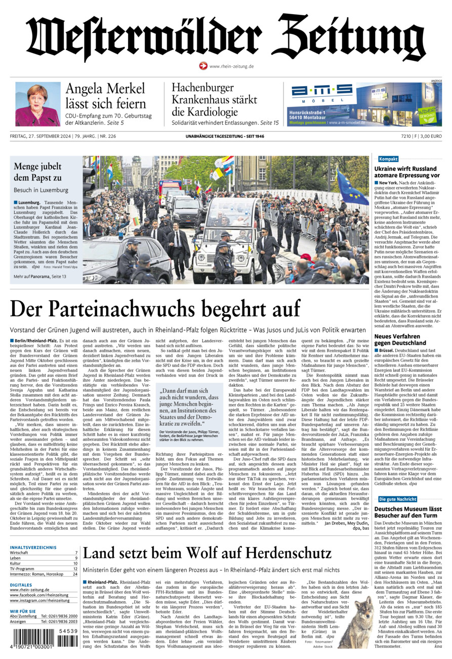 Westerwälder Zeitung vom Freitag, 27.09.2024