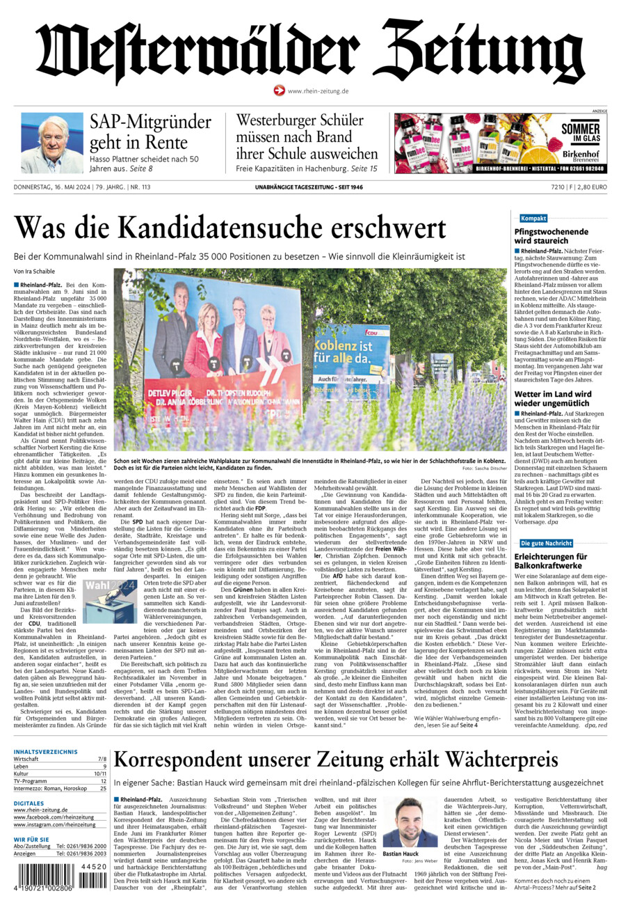 Westerwälder Zeitung vom Donnerstag, 16.05.2024