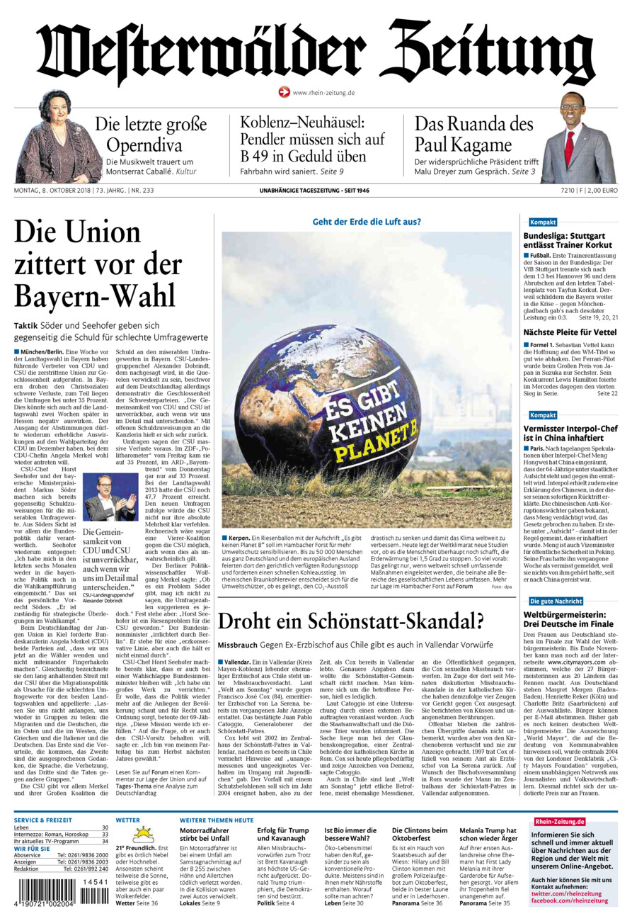 Westerwälder Zeitung vom Montag, 08.10.2018