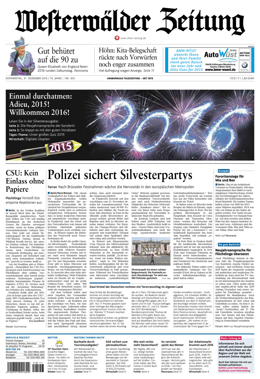 Westerwälder Zeitung vom Donnerstag, 31.12.2015