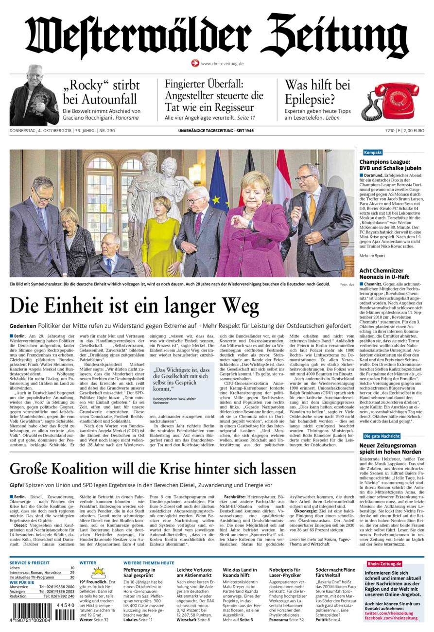 Westerwälder Zeitung vom Donnerstag, 04.10.2018