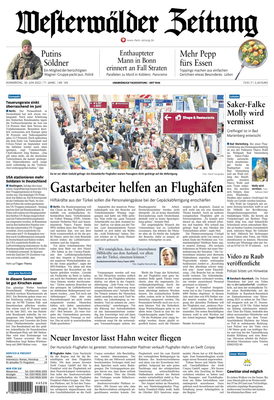 Westerwälder Zeitung vom Donnerstag, 30.06.2022