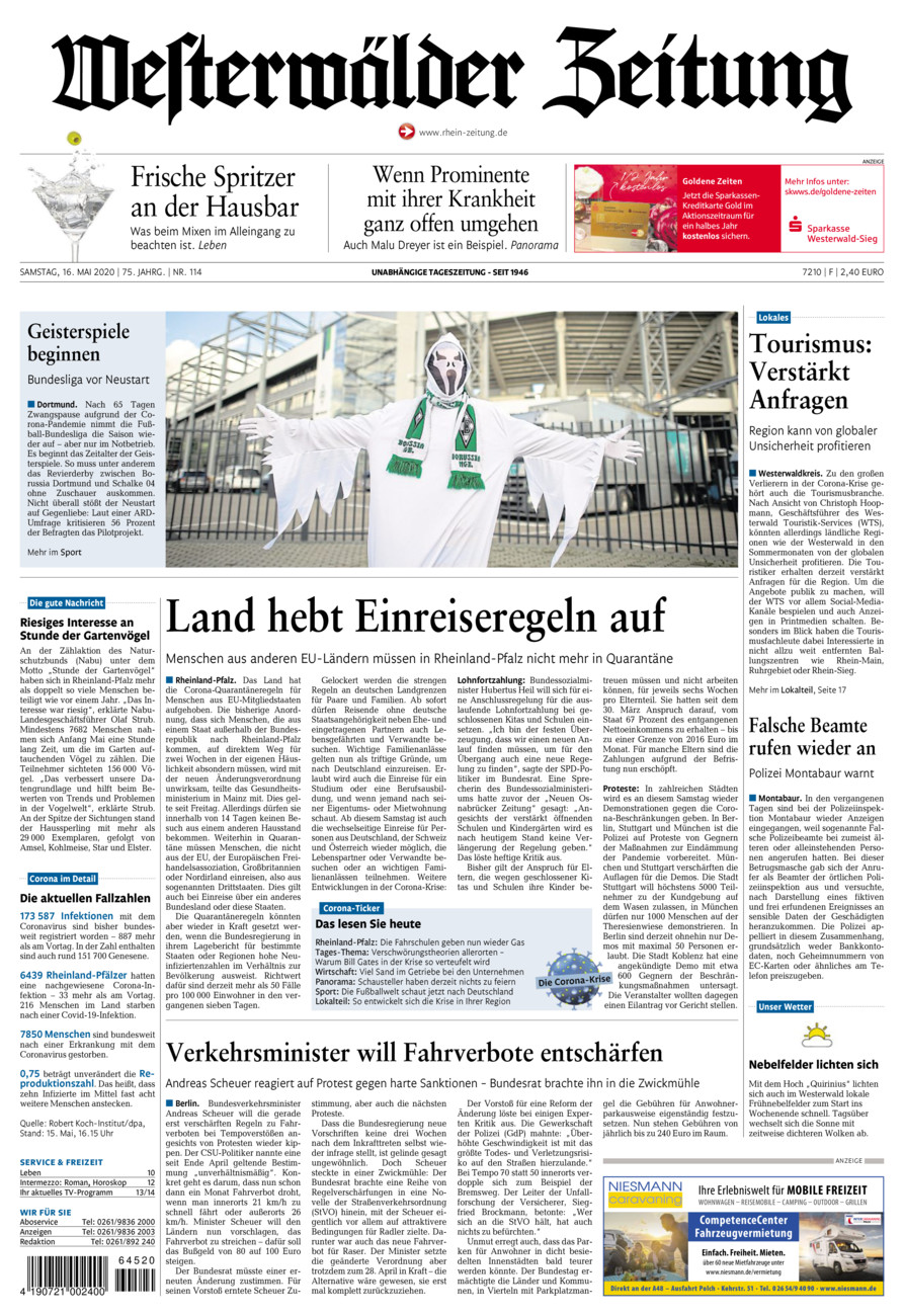 Westerwälder Zeitung vom Samstag, 16.05.2020