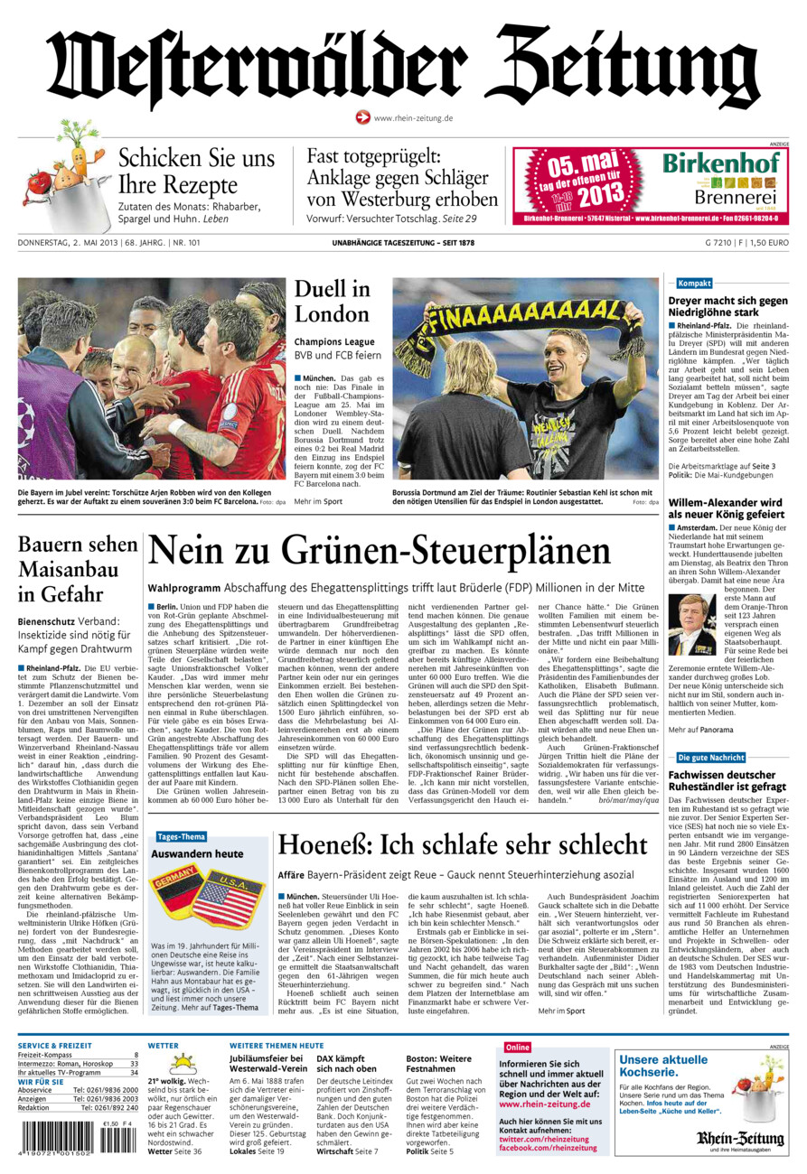 Westerwälder Zeitung vom Donnerstag, 02.05.2013