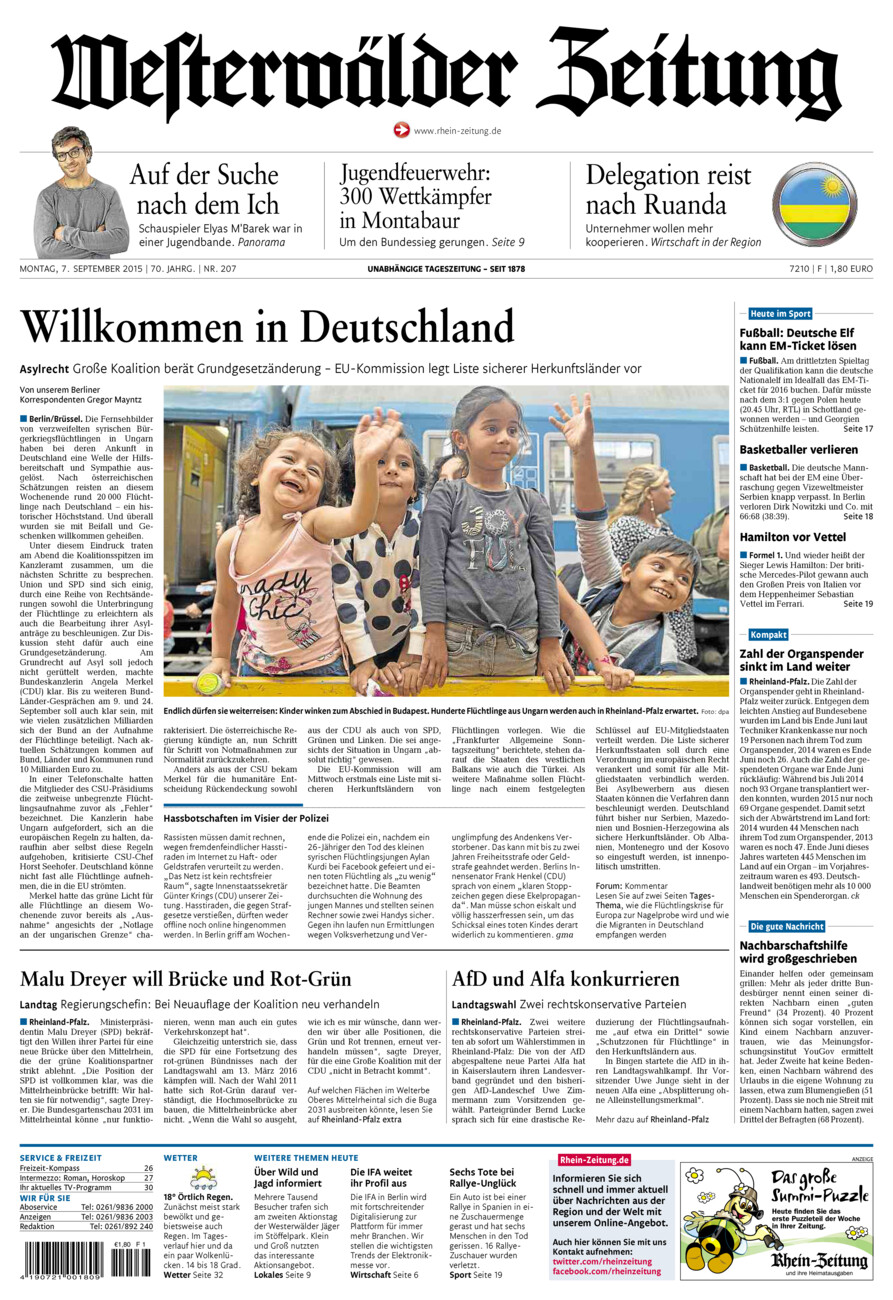 Westerwälder Zeitung vom Montag, 07.09.2015