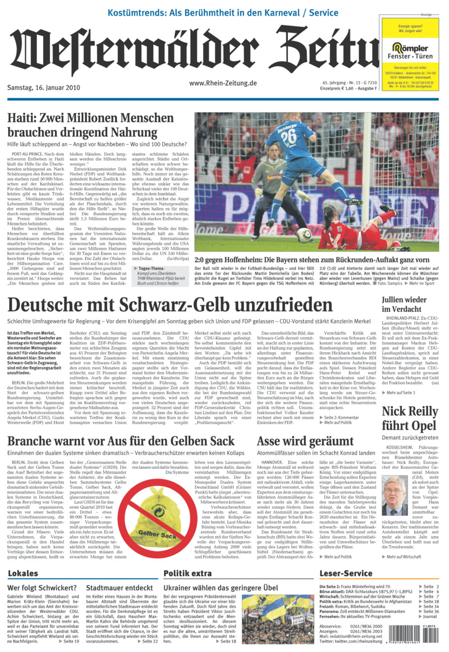 Westerwälder Zeitung vom Samstag, 16.01.2010