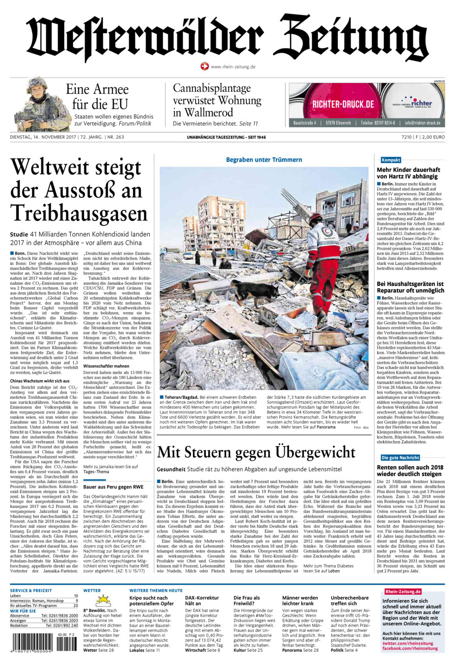 Westerwälder Zeitung vom Dienstag, 14.11.2017