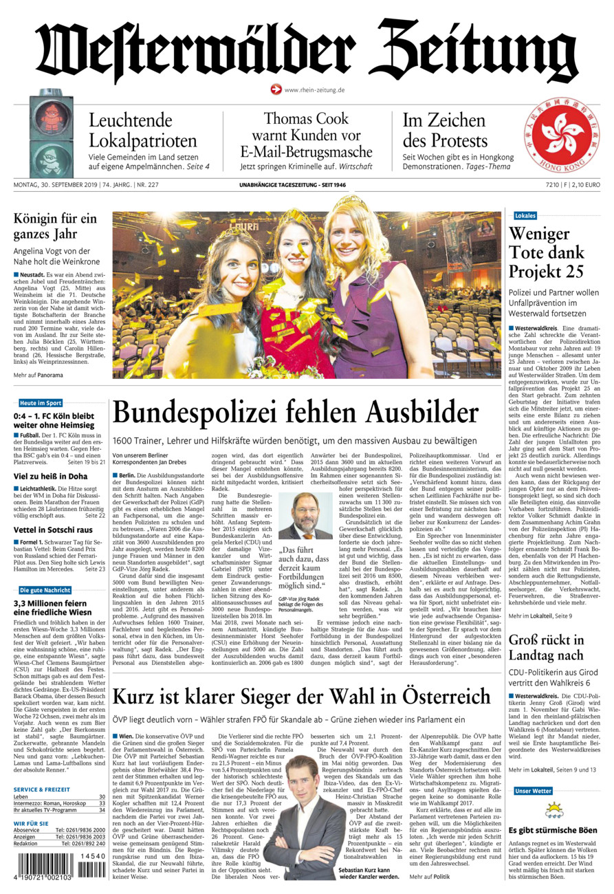 Westerwälder Zeitung vom Montag, 30.09.2019