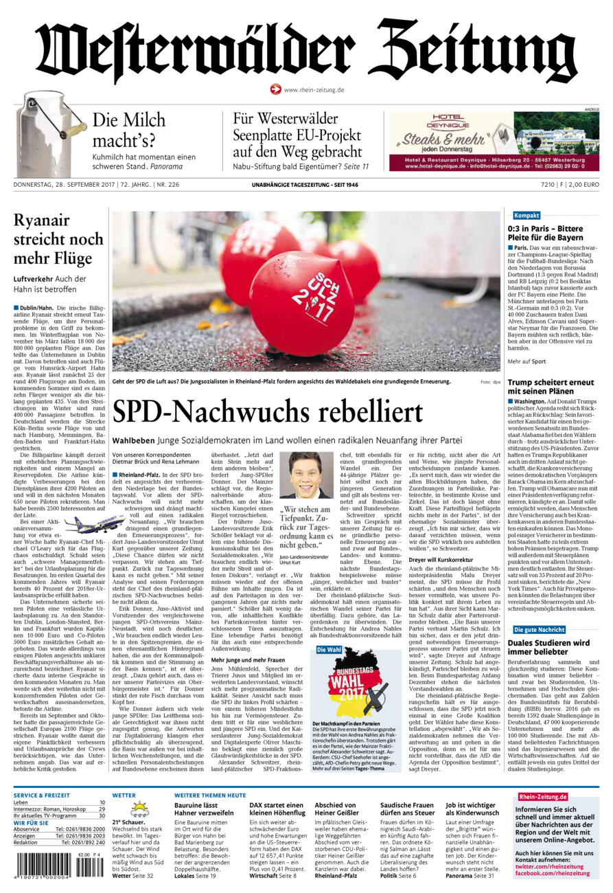 Westerwälder Zeitung vom Donnerstag, 28.09.2017