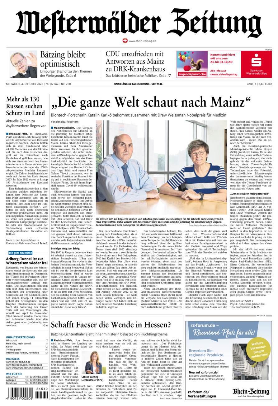 Westerwälder Zeitung vom Mittwoch, 04.10.2023