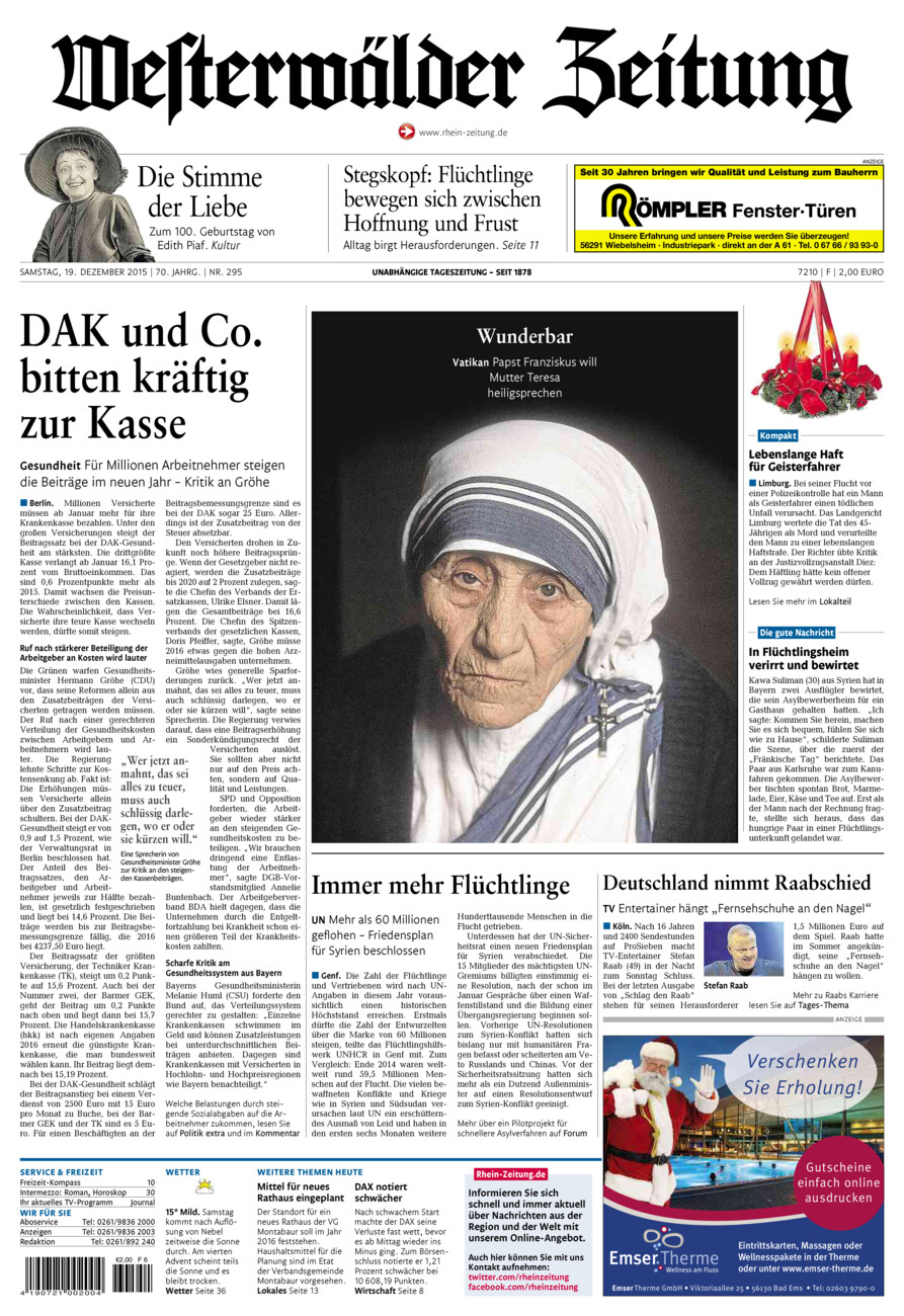 Westerwälder Zeitung vom Samstag, 19.12.2015