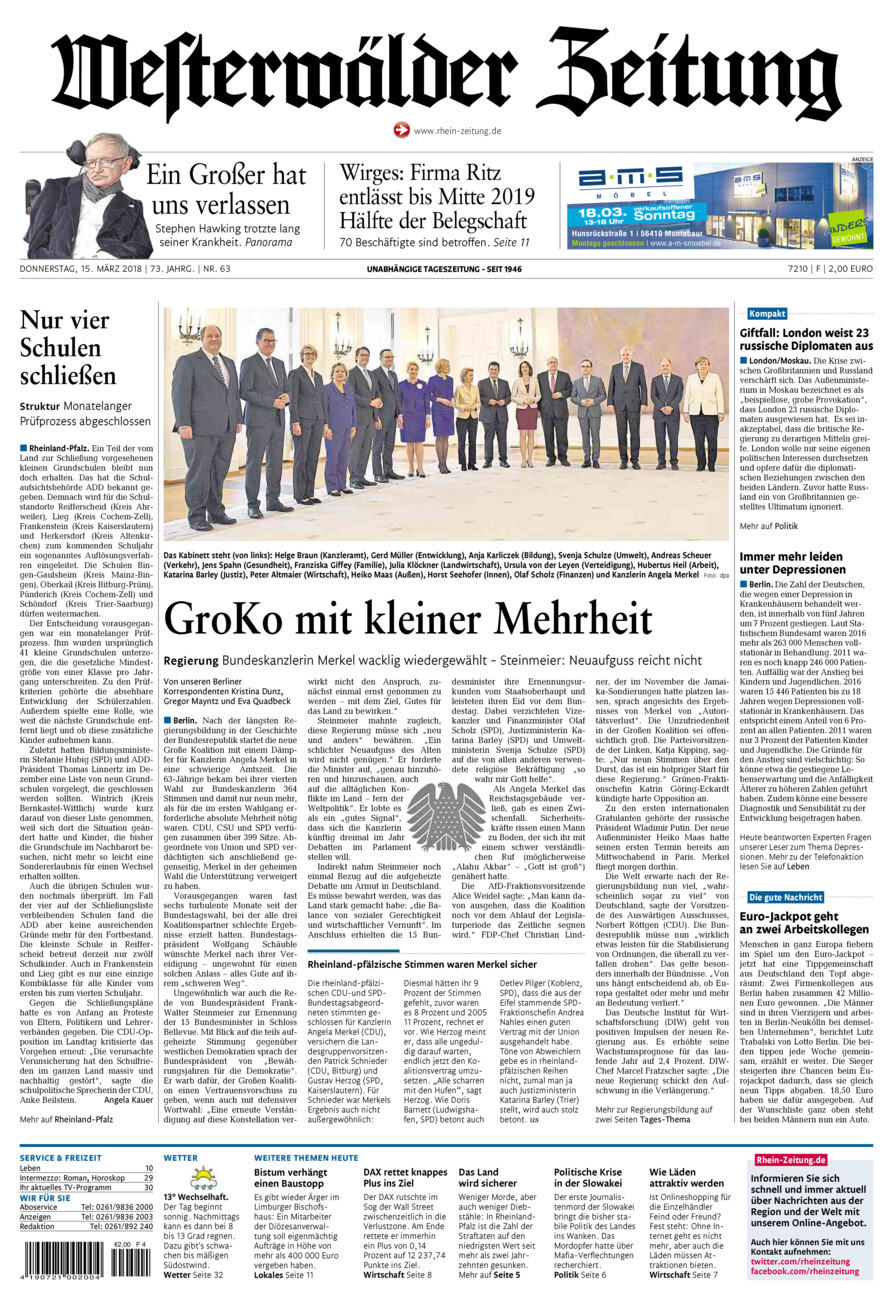 Westerwälder Zeitung vom Donnerstag, 15.03.2018