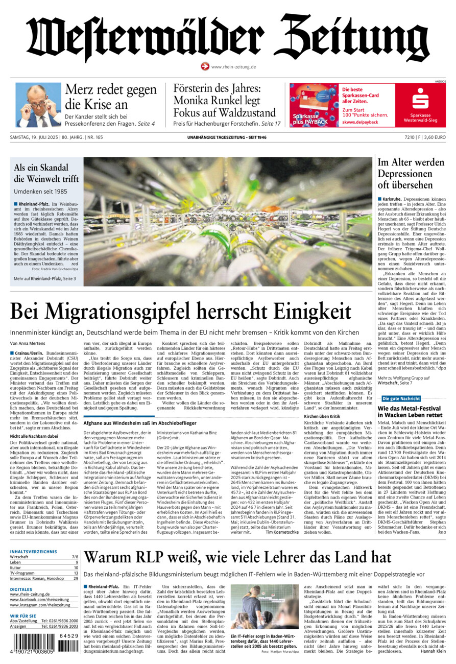 Westerwälder Zeitung vom Samstag, 19.07.2025
