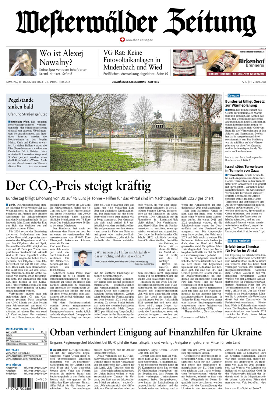 Westerwälder Zeitung vom Samstag, 16.12.2023