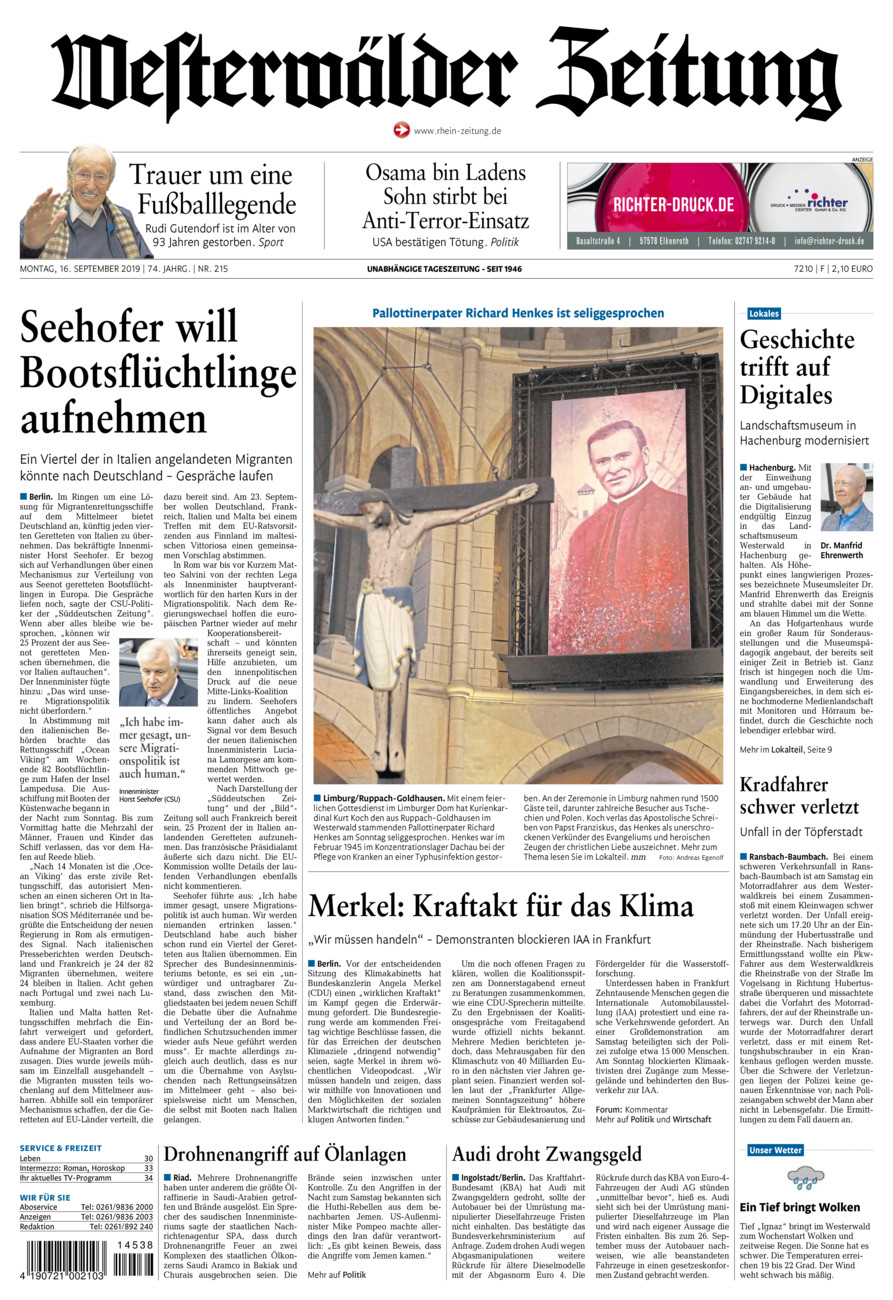 Westerwälder Zeitung vom Montag, 16.09.2019