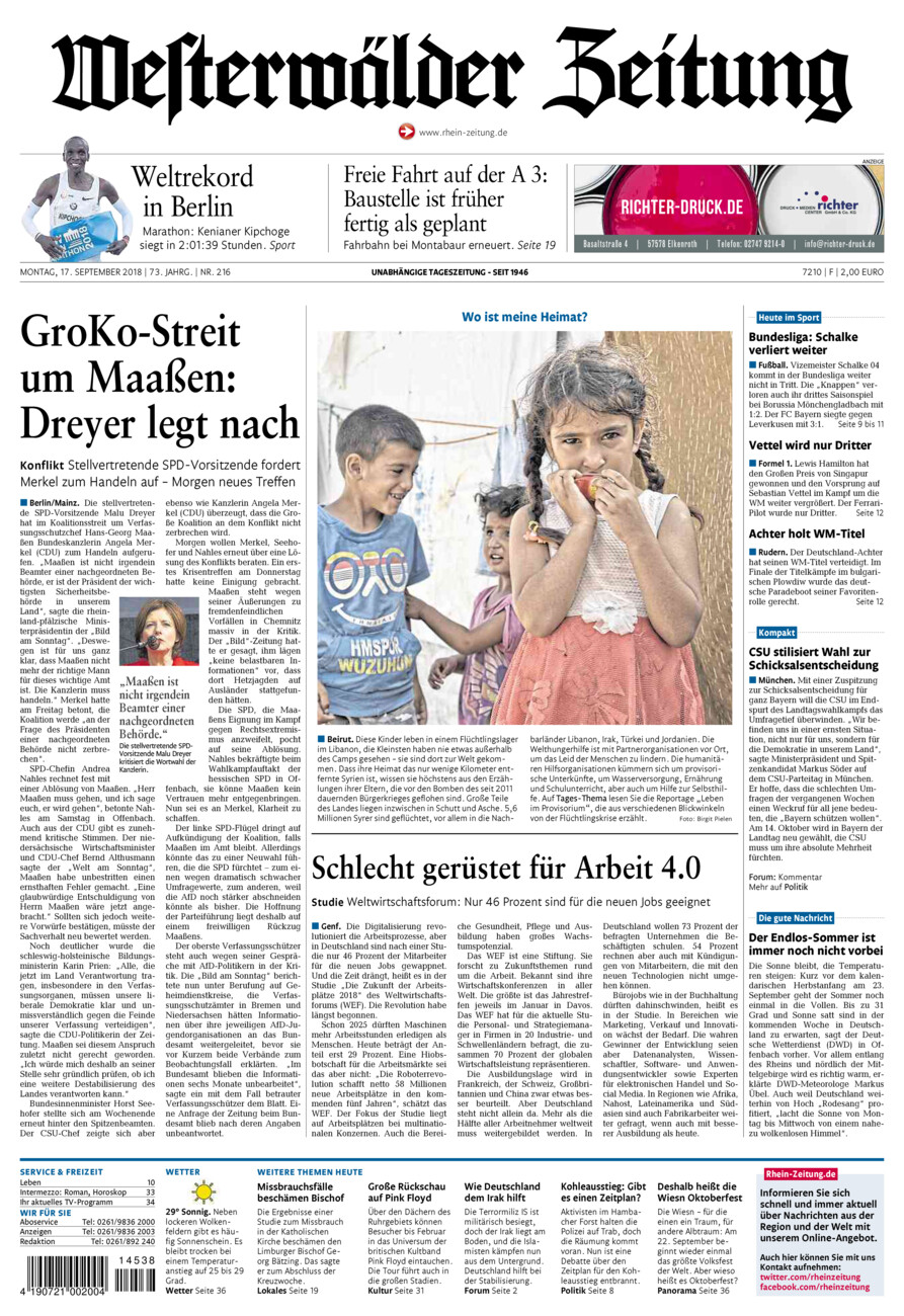 Westerwälder Zeitung vom Montag, 17.09.2018