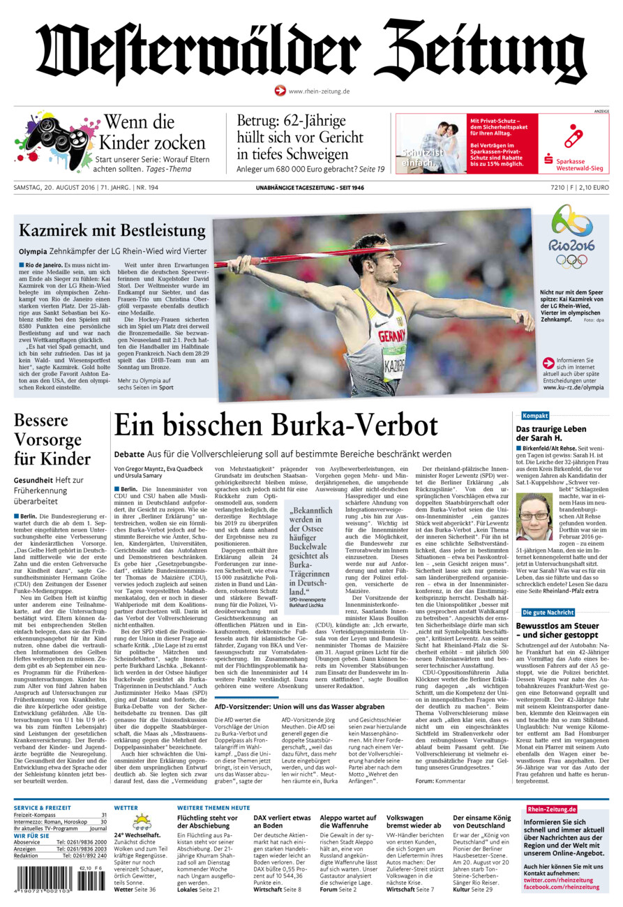 Westerwälder Zeitung vom Samstag, 20.08.2016