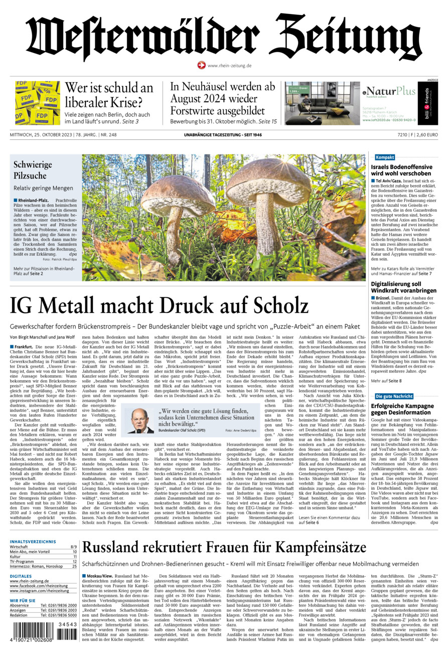 Westerwälder Zeitung vom Mittwoch, 25.10.2023