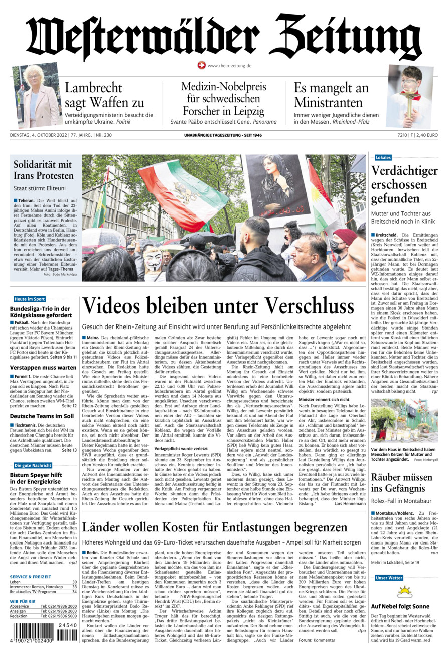 Westerwälder Zeitung vom Dienstag, 04.10.2022