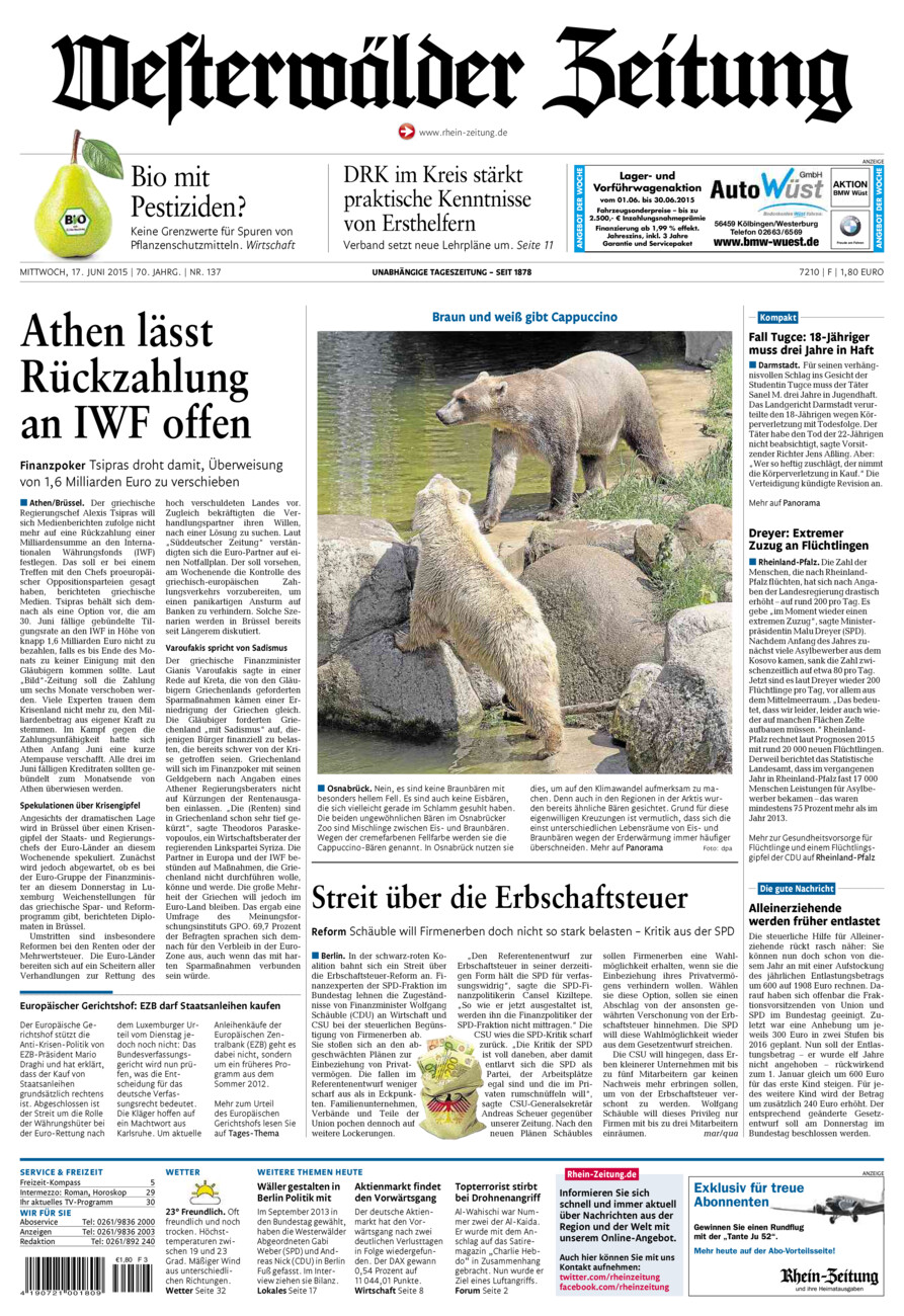 Westerwälder Zeitung vom Mittwoch, 17.06.2015